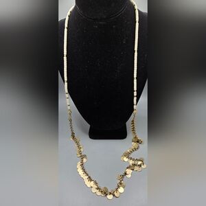 Jenny Bird Necklace Gold Plated Chain & Discs White Glass Beads Toggle Clasp